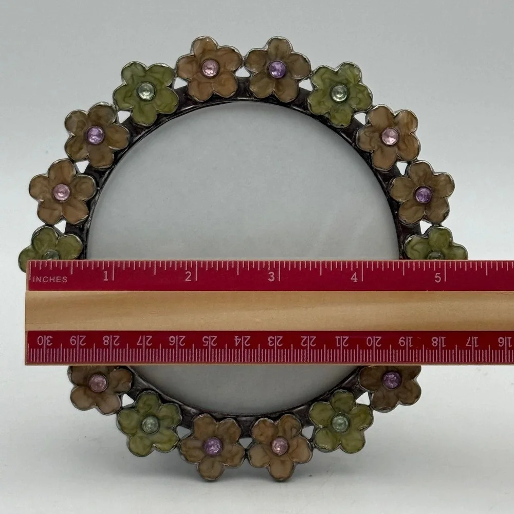 Vtg Style Round Floral Enamel Picture Frame Rhinestone Accents 3.5 Inch Photo